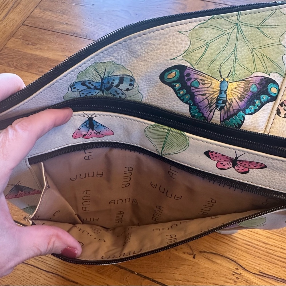ANUSCHKA Leather Hand Painted Asymmetric Slim Crossbody Bag Butterfly Moth Print - Picture 8 of 12
